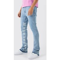 Mens Skinny Stretch Stacked Distressed Embroidered Gusset Jeans - Blau - 28R, Blau von boohooman