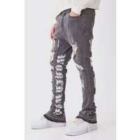 Mens Skinny Stretch Stacked Distressed Embroidered Gusset Jeans - Schwarz - 30R, Schwarz von boohooman