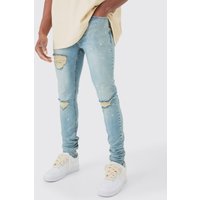 Mens Skinny Stretch Stacked Ripped Paint Splatter Jeans In Ice Blue - Blau - 36R, Blau von boohooman