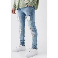 Mens Skinny Stretch Stacked White Pu Biker Rip & Repair Jeans - Blau - 30R, Blau von boohooman