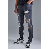 Mens Skinny Stretch Stacked White Pu Biker Rip & Repair Jeans - Grau - 28R, Grau von boohooman