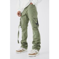 Mens Slim-Fit Cargo-Schlaghose mit Riemchen - Grün - 28R, Grün von boohooman