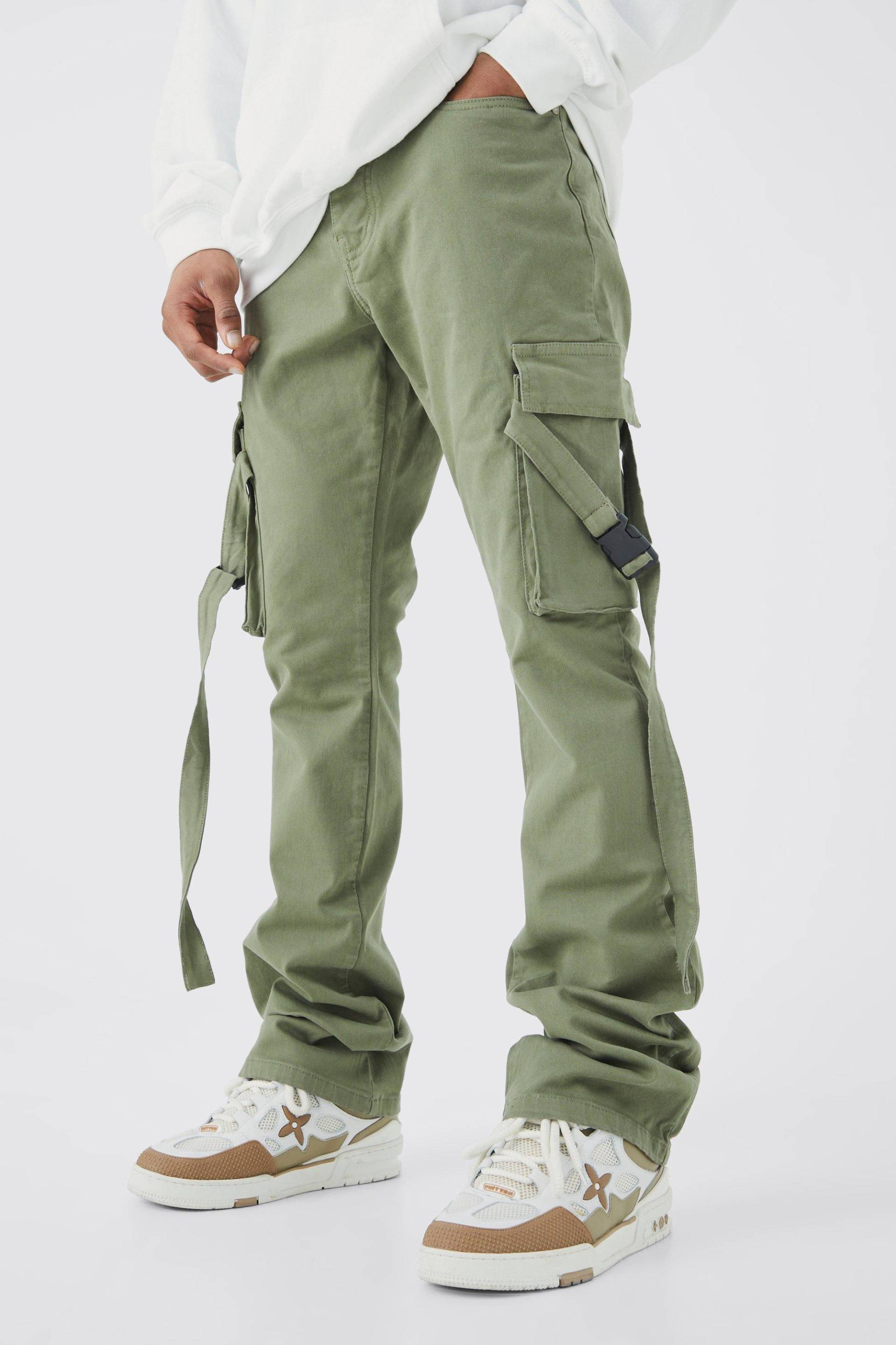 Mens Slim-Fit Cargo-Schlaghose mit Riemchen - Grün - 32R, Grün von boohooman