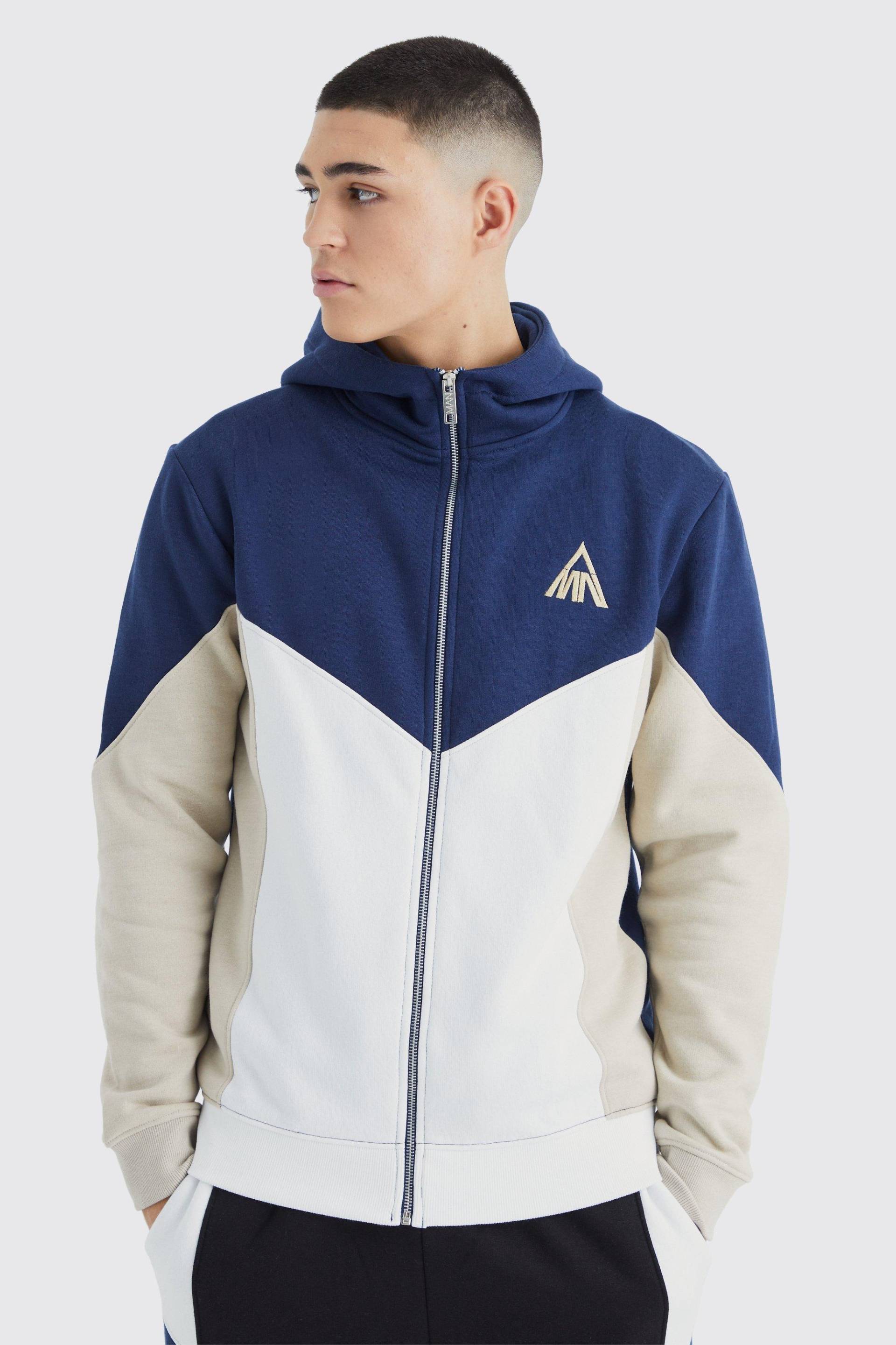 Mens Slim-Fit Man Colorblock Hoodie mit Reißverschluss und Trichterkragen - Blau - S, Blau von boohooman