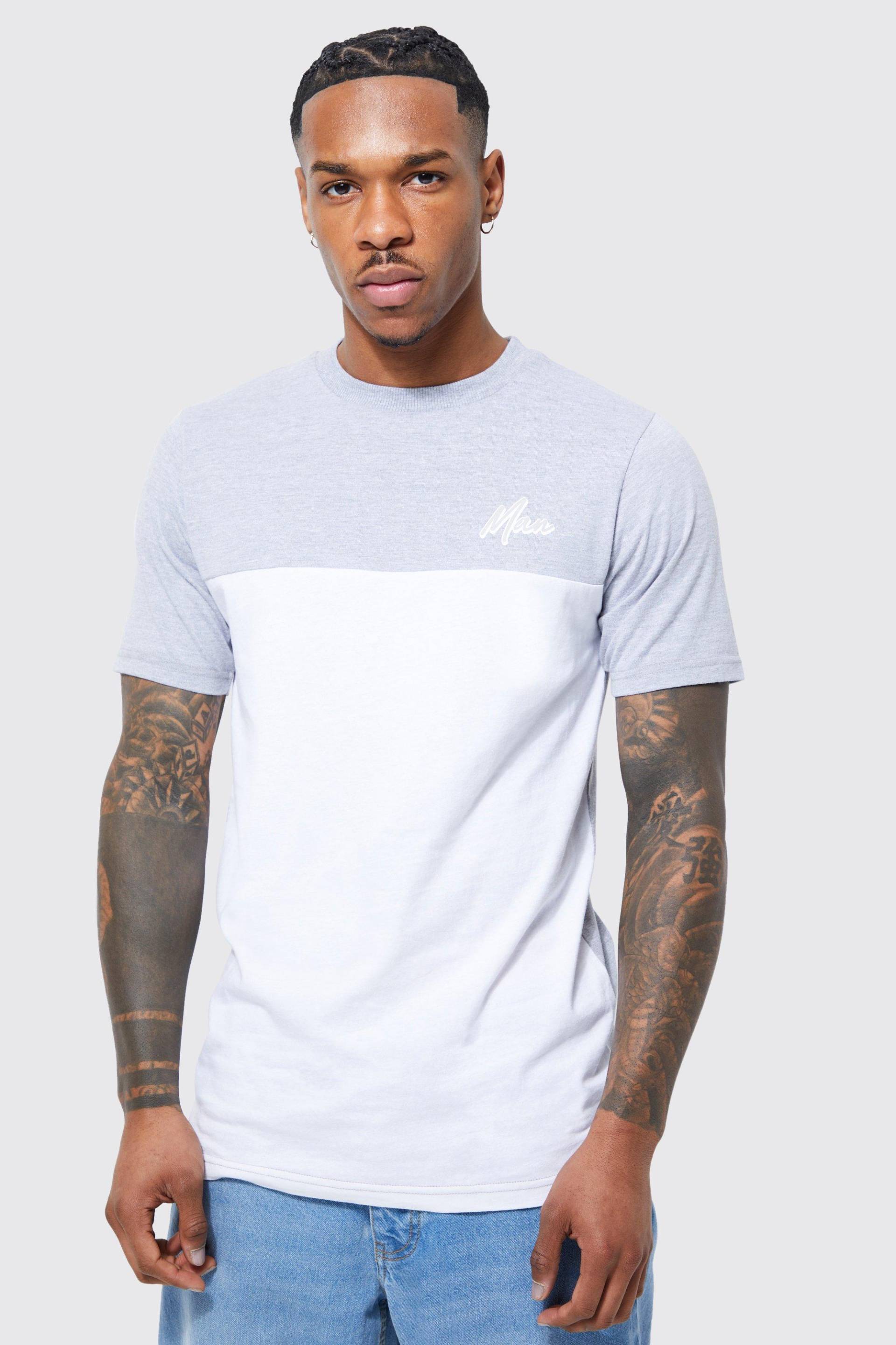 Mens Slim-Fit Man Colorblock T-Shirt - Grau - XL, Grau von boohooman