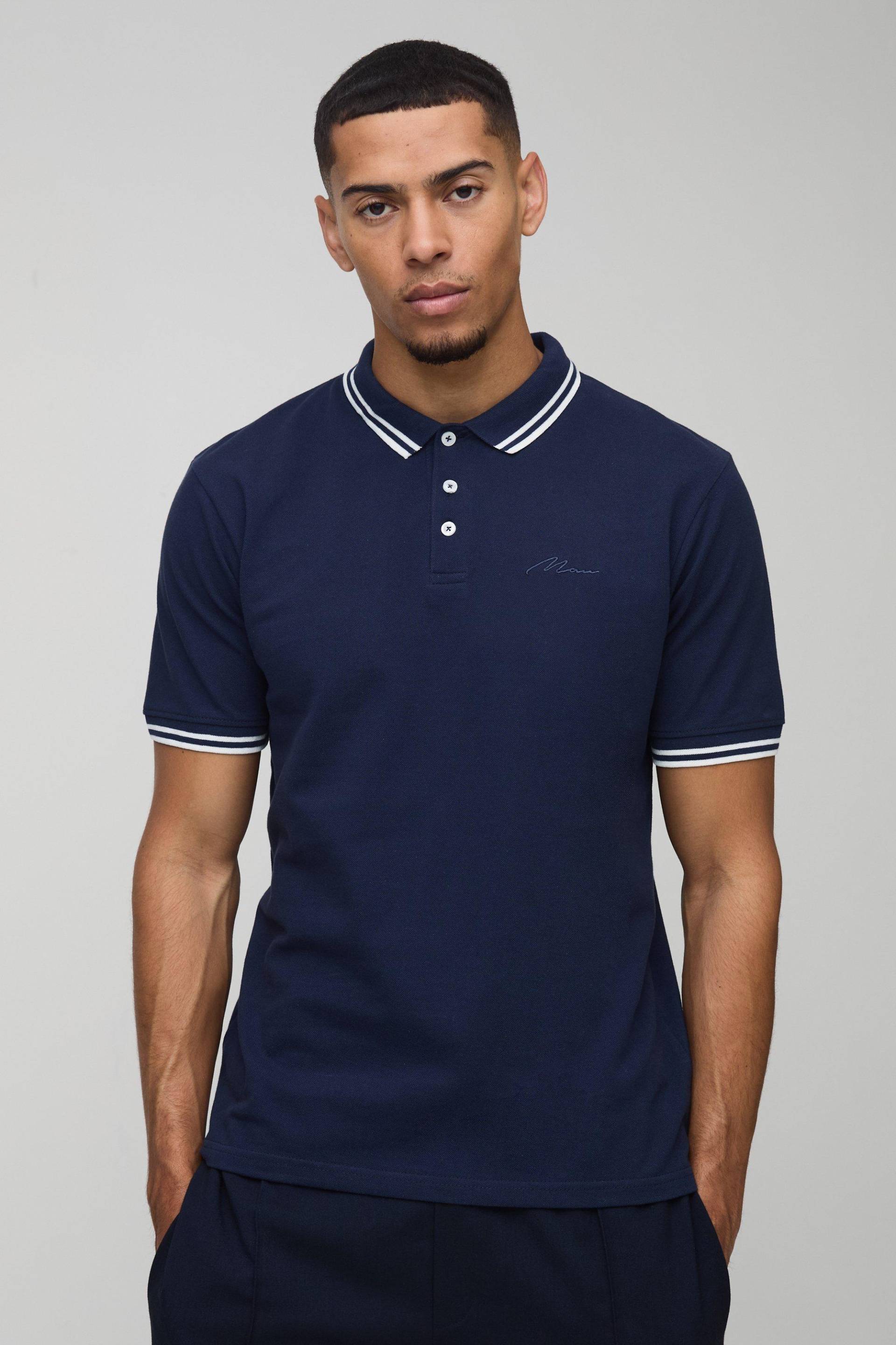 Mens Slim-Fit Man Signature Pique Poloshirt - Blau - M, Blau von boohooman