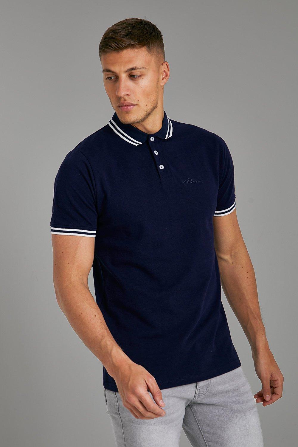 Mens Slim-Fit Man Signature Pique Poloshirt - Blau - XL, Blau von boohooman