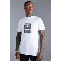 Mens Slim-Fit T-Shirt mit Print - Weiß - L, Weiß von boohooman