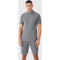 Slim-Fit Poloshirt & Shorts in Waffeloptik - Grau - S, Grau von boohooman