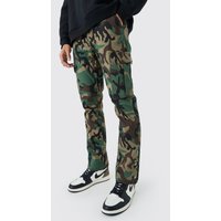 Mens Slim Flare Ripstop Camo Cargo Trouser With Popper Hem - Khaki - 34, Khaki von boohooman