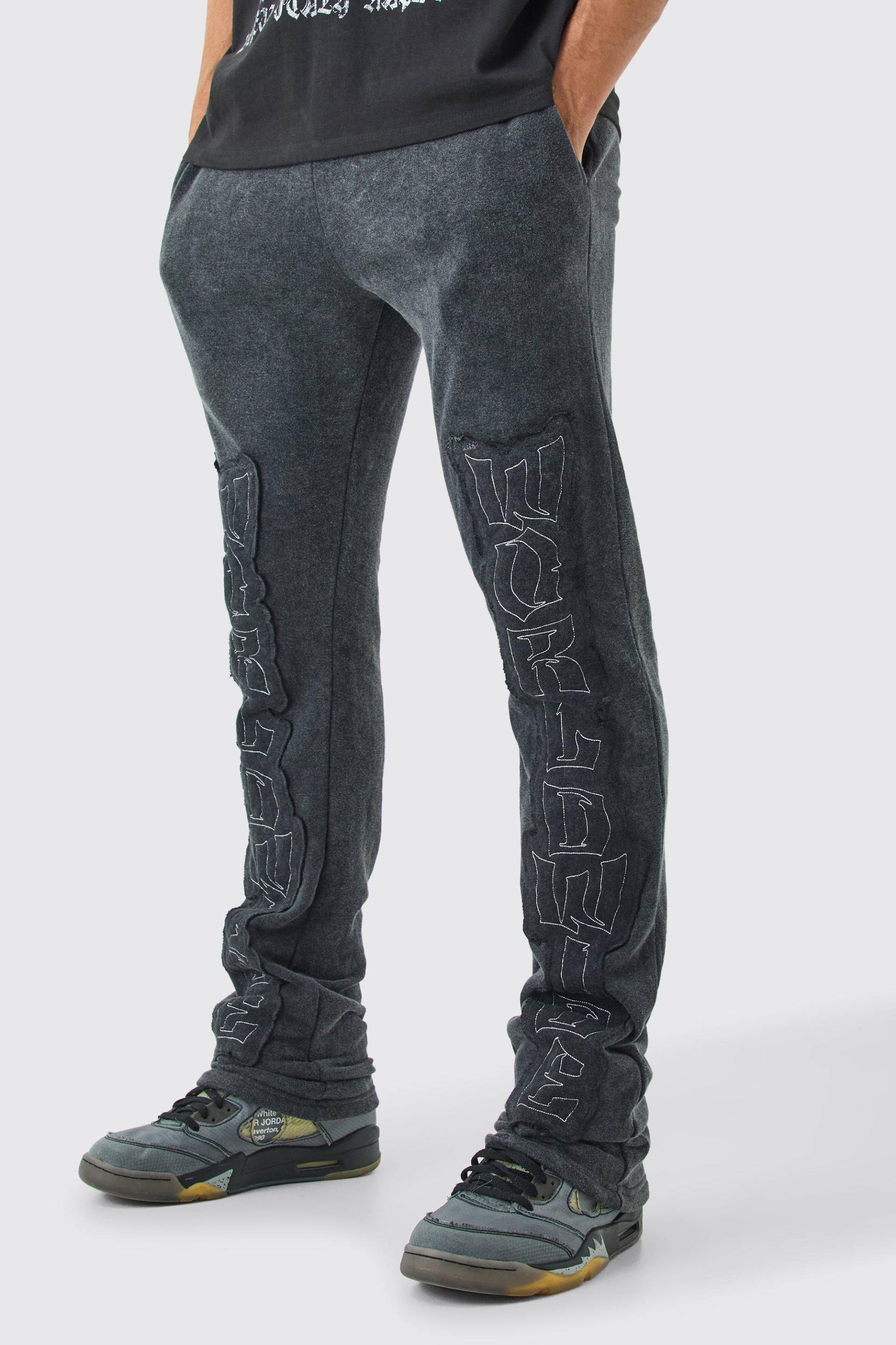 Mens Slim Flared Worldwide Raw Edge Applique Joggers - Schwarz - M, Schwarz von boohooman