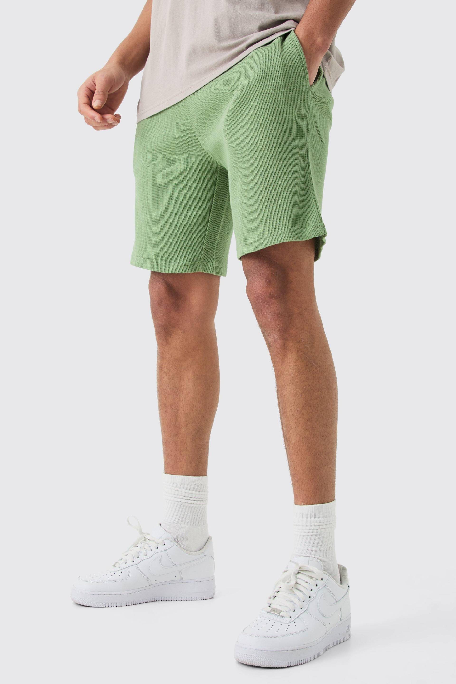 Mens Slim Mid Length Waffle Short - Grün - L, Grün von boohooman