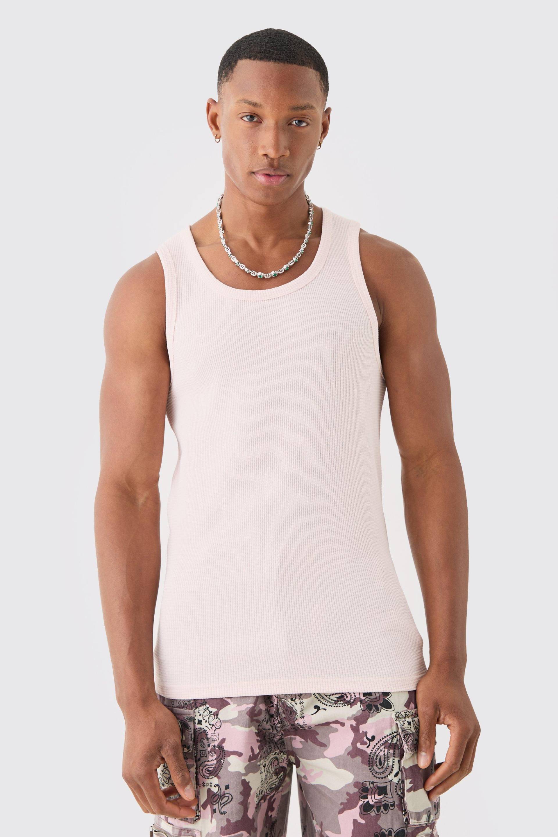 Mens Slim Waffle Vest - Rosa - L, Rosa von boohooman