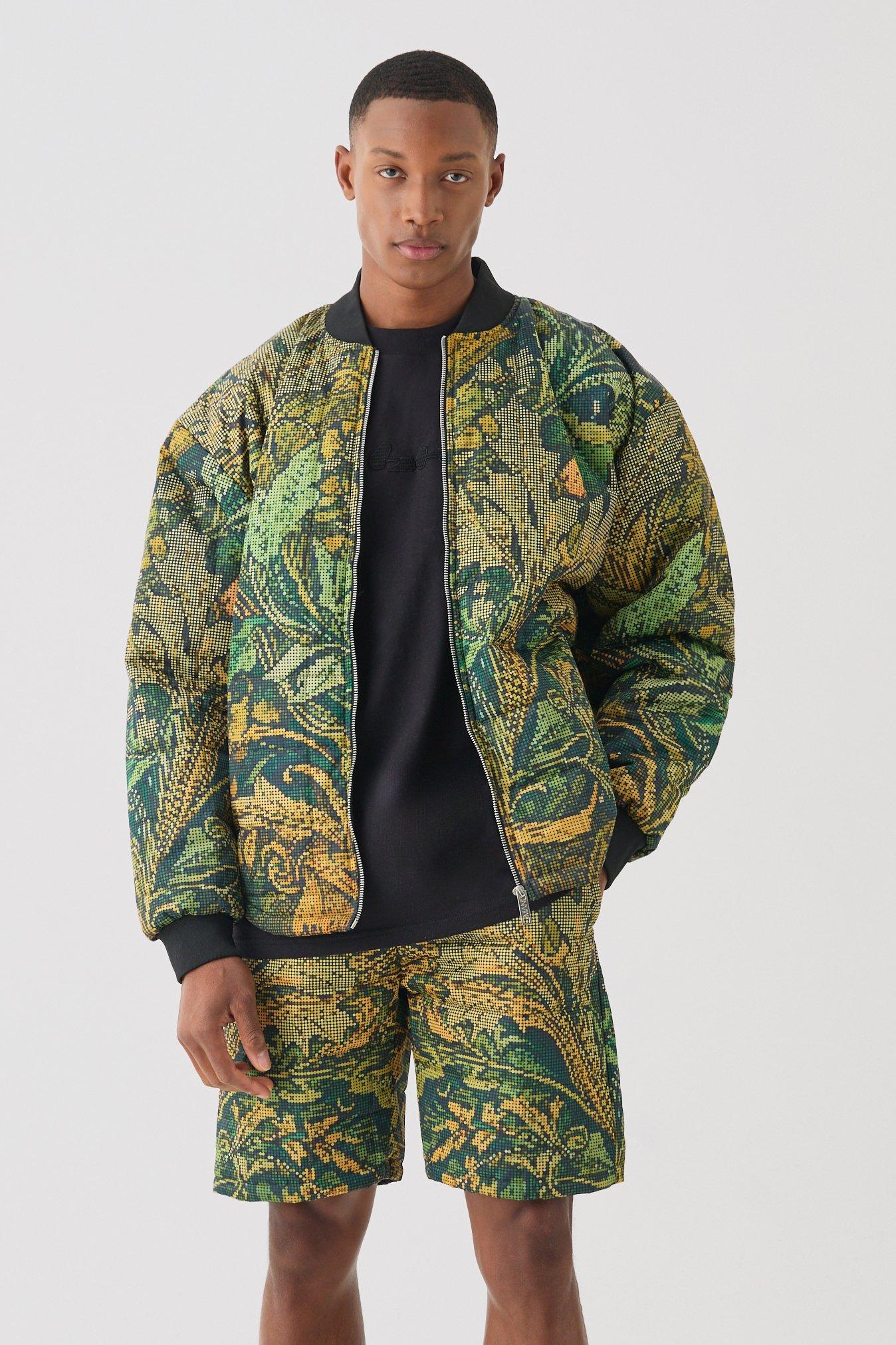 Mens Square Quilted Tapestry Short & Bomber Jacket Set - Khaki - M, Khaki von boohooman