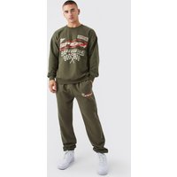 Mens Sweatshirt-Trainingsanzug mit Moto-Print - Khaki - M, Khaki von boohooman