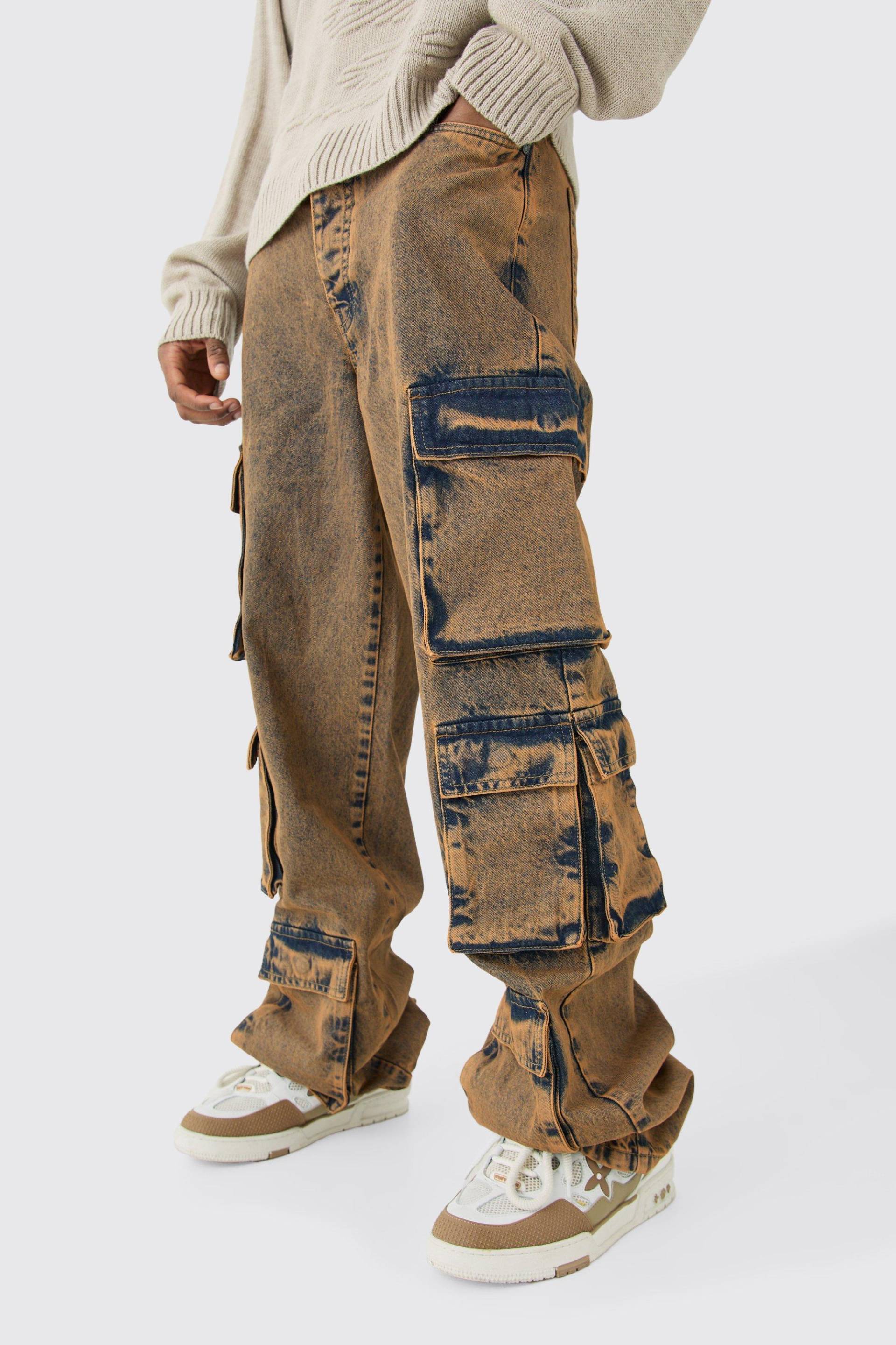 Mens Tall Baggy Fit Acid Wash Cargo Jeans - Grau - 34, Grau von boohooman