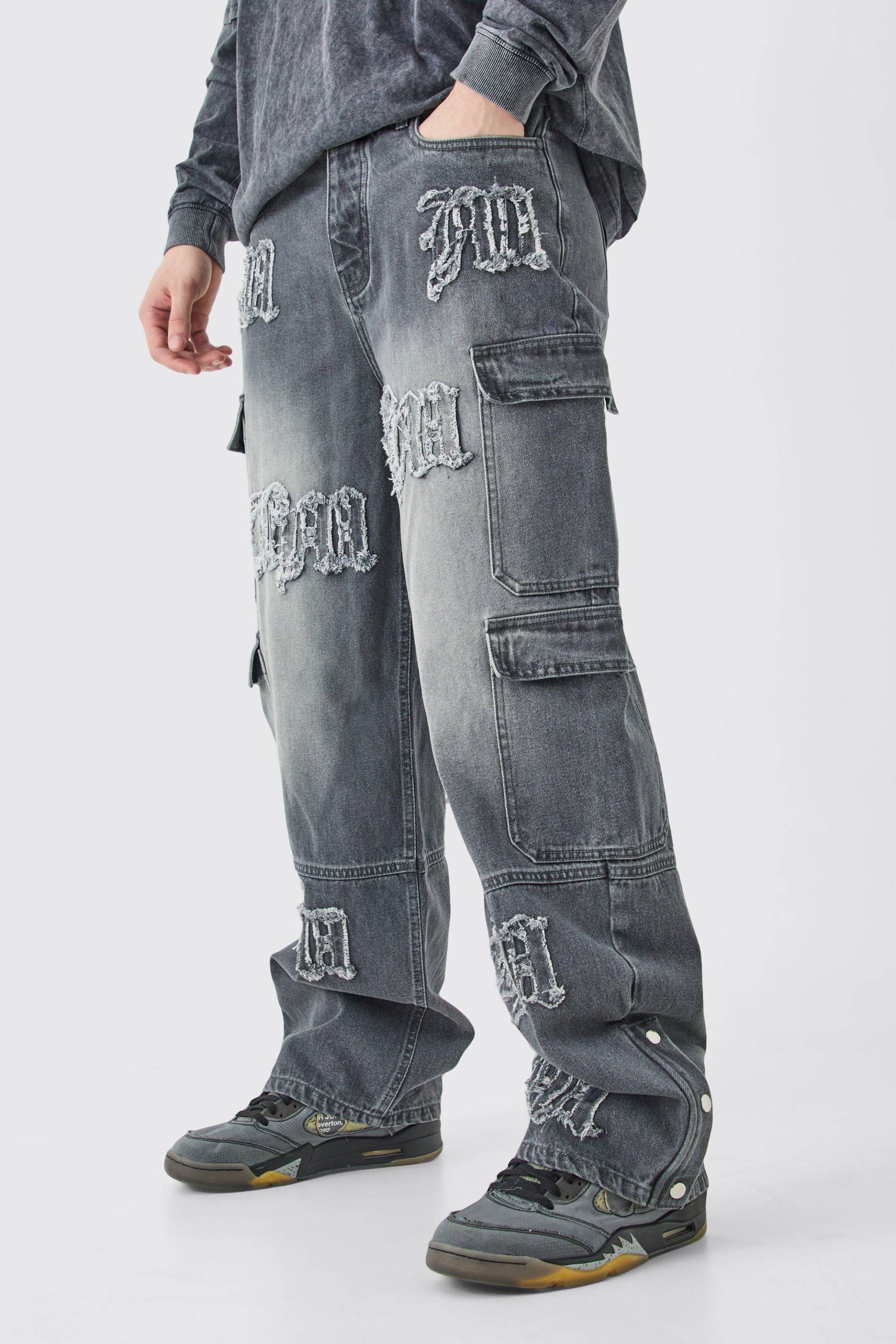 Mens Tall Baggy Rigid Bm Applique Multi Pocket Cargo Jeans - Grau - 30, Grau von boohooman