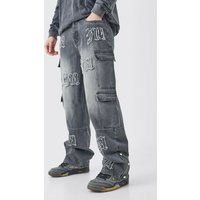 Mens Tall Baggy Rigid Bm Applique Multi Pocket Cargo Jeans - Grau - 30, Grau von boohooman