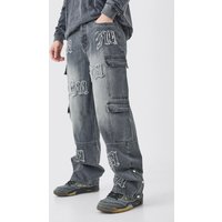 Mens Tall Baggy Rigid Bm Applique Multi Pocket Cargo Jeans - Grau - 38, Grau von boohooman
