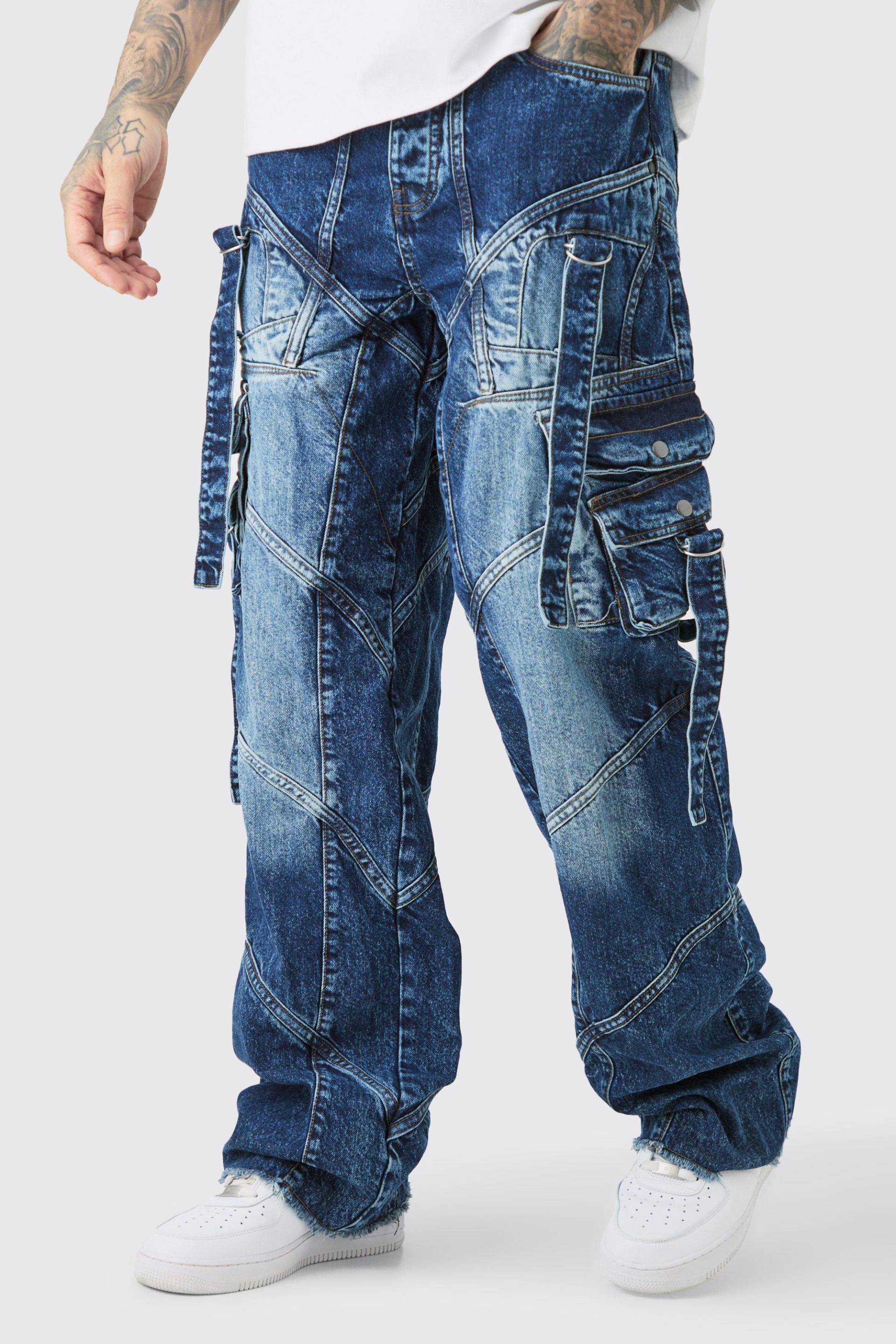 Mens Tall Baggy Rigid Strap And Buckle Detail Jeans - Indigo - 34, Indigo von boohooman
