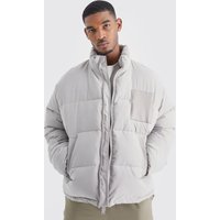 Mens Tall kastige Oversize Nylon-Steppjacke mit PU-Aufnäher - Grau - L, Grau von boohooman