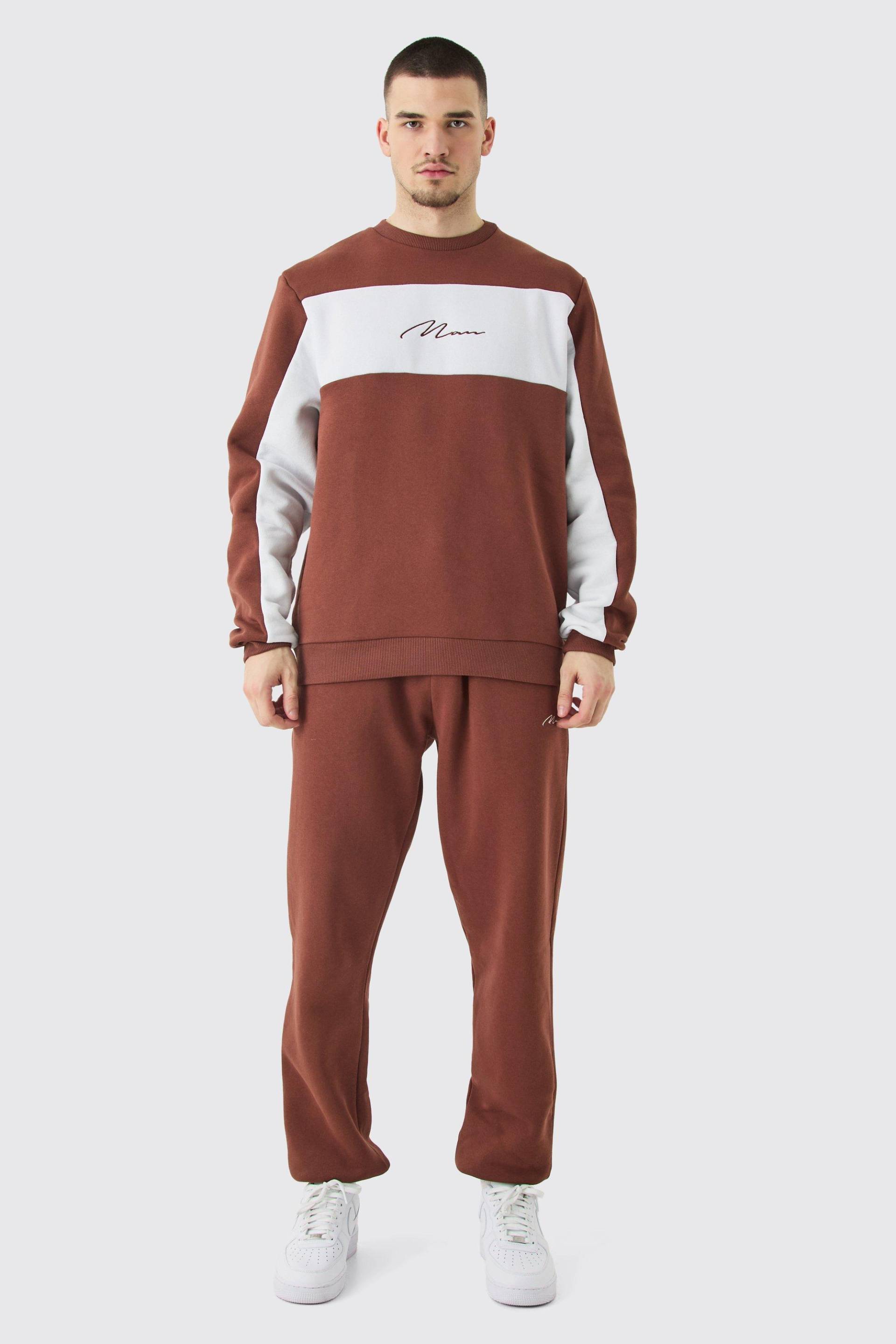 Mens Tall Colour Block Man Sweatshirt Tracksuit In Chocolate - Braun - XXL, Braun von boohooman