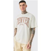 Mens Tall Distressed Oversized Acid Wash Denver Varsity T-shirt - Ecru - S, Ecru von boohooman