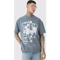 Mens Tall Distressed Oversized Overdye Floral Graphic T-shirt - Grau - XL, Grau von boohooman