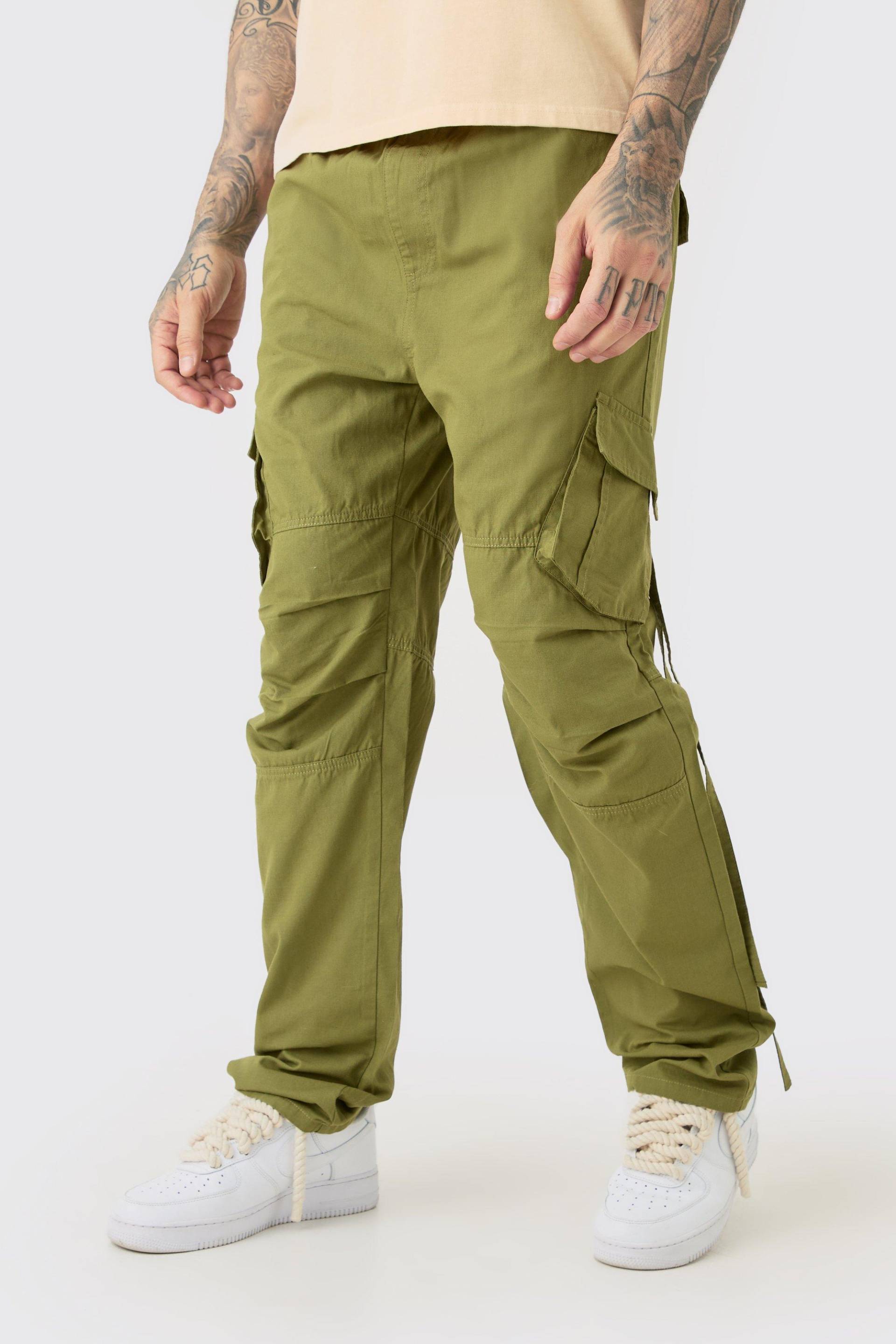 Mens Tall Elasticated Waist Straight Washed Ripstop Cargo Trouser - Khaki - S, Khaki von boohooman