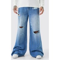 Mens Tall Extreme Baggy Frayed Self Fabric Applique Jeans - Blau - 32, Blau von boohooman