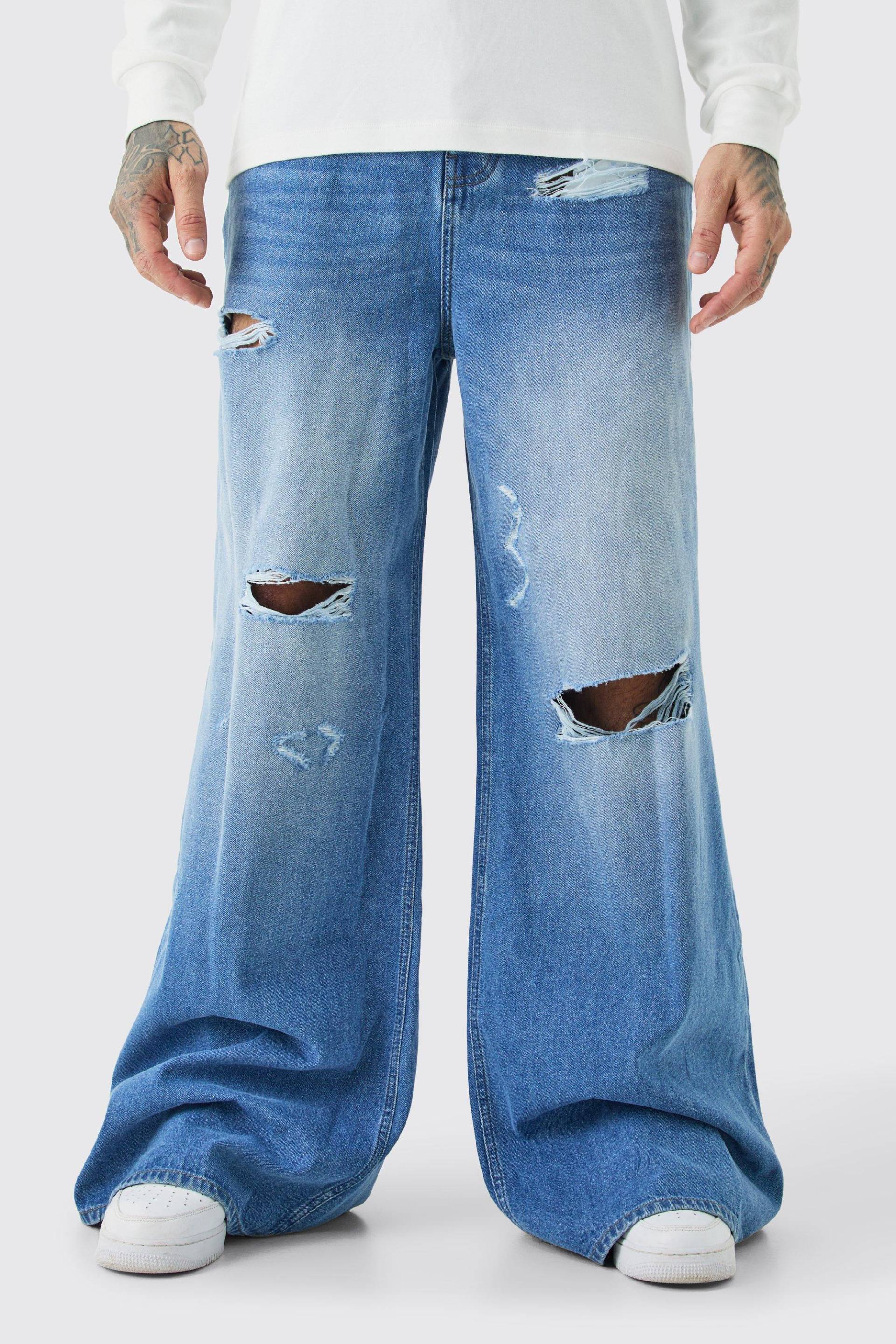 Mens Tall Extreme Baggy Frayed Self Fabric Applique Jeans - Blau - 34, Blau von boohooman