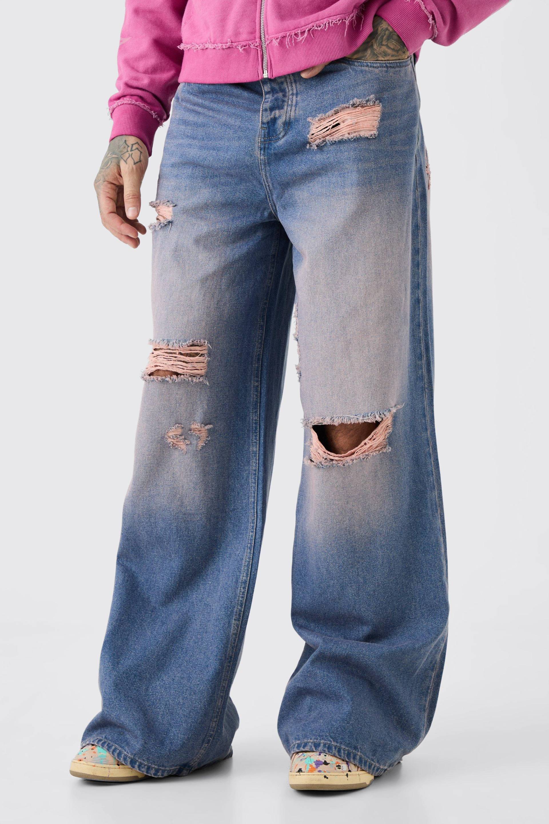 Mens Tall Extreme Baggy Overdyed Frayed Self Fabric Applique Jean - Rosa - 36, Rosa von boohooman