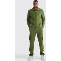 Mens Tall Hemd mit Reißverschluss & elastische Cargohose - Khaki - M, Khaki von boohooman