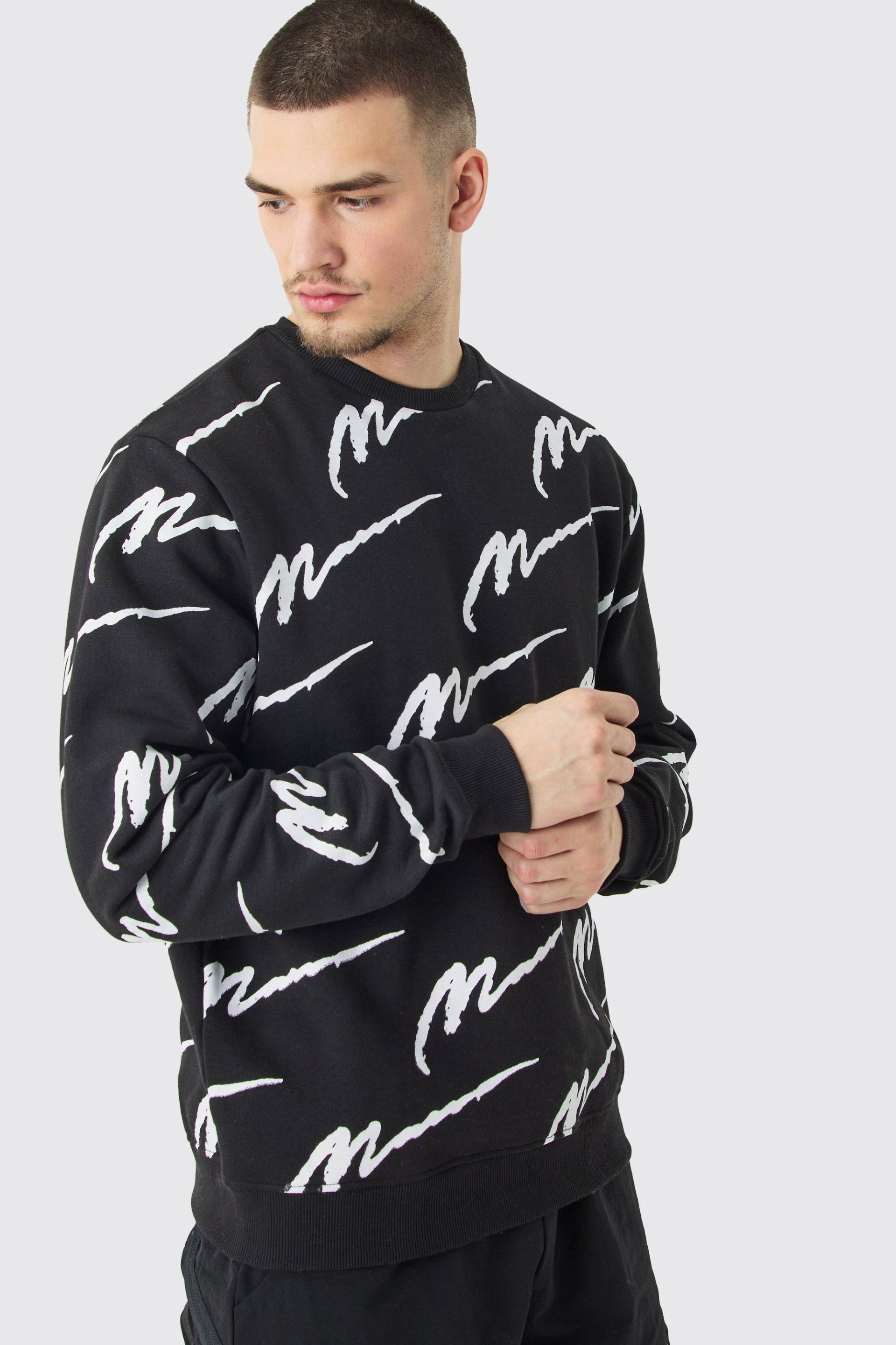 Mens Tall Man Signature All Over Print Oversized Sweatshirt - Schwarz - XXL, Schwarz von boohooman