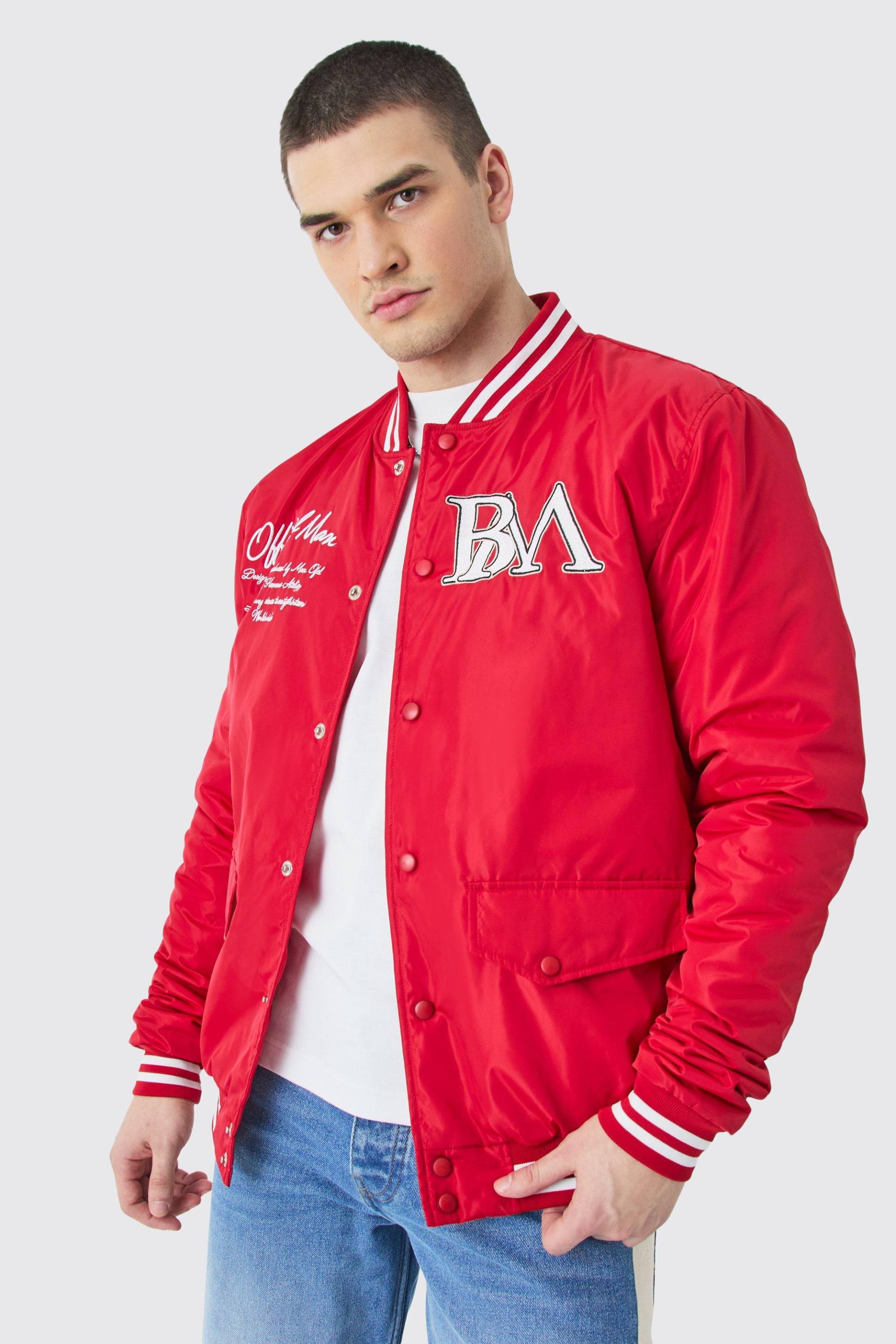 Mens Tall Nylon Varsity Jacket With Badges - Rot - S, Rot von boohooman