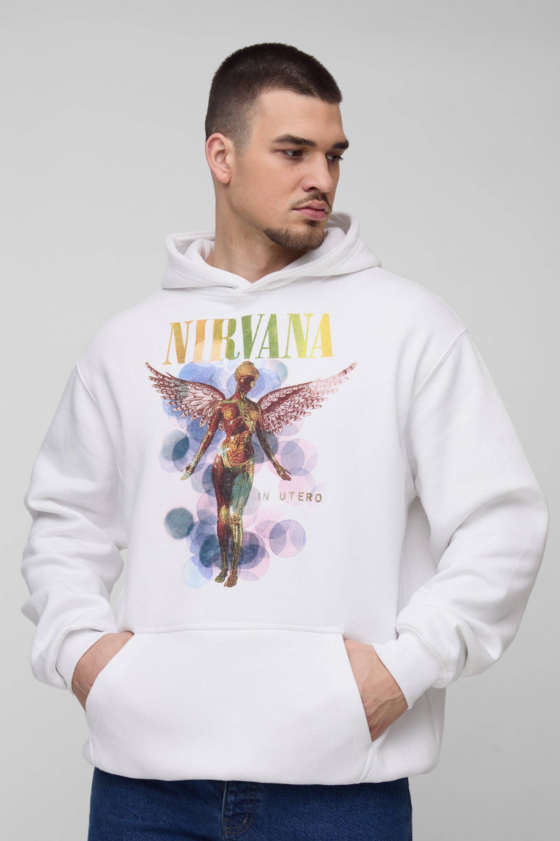 Tall Oversize Hoodie mit lizenziertem Nirvana-Print - Weiß - S, Weiß Tall Oversize Hoodie mit lizenziertem Nirvana-Print - Weiß - S, Weiß von boohooman