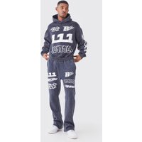 Mens Tall kastiger gerippter Oversize Trainingsanzug mit Print und Kapuze - Grau - L, Grau von boohooman