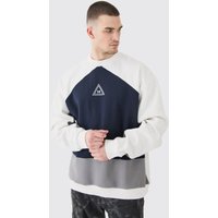 Mens Tall Oversized Colour Block Branded Sweatshirt In Black - Blau - L, Blau von boohooman