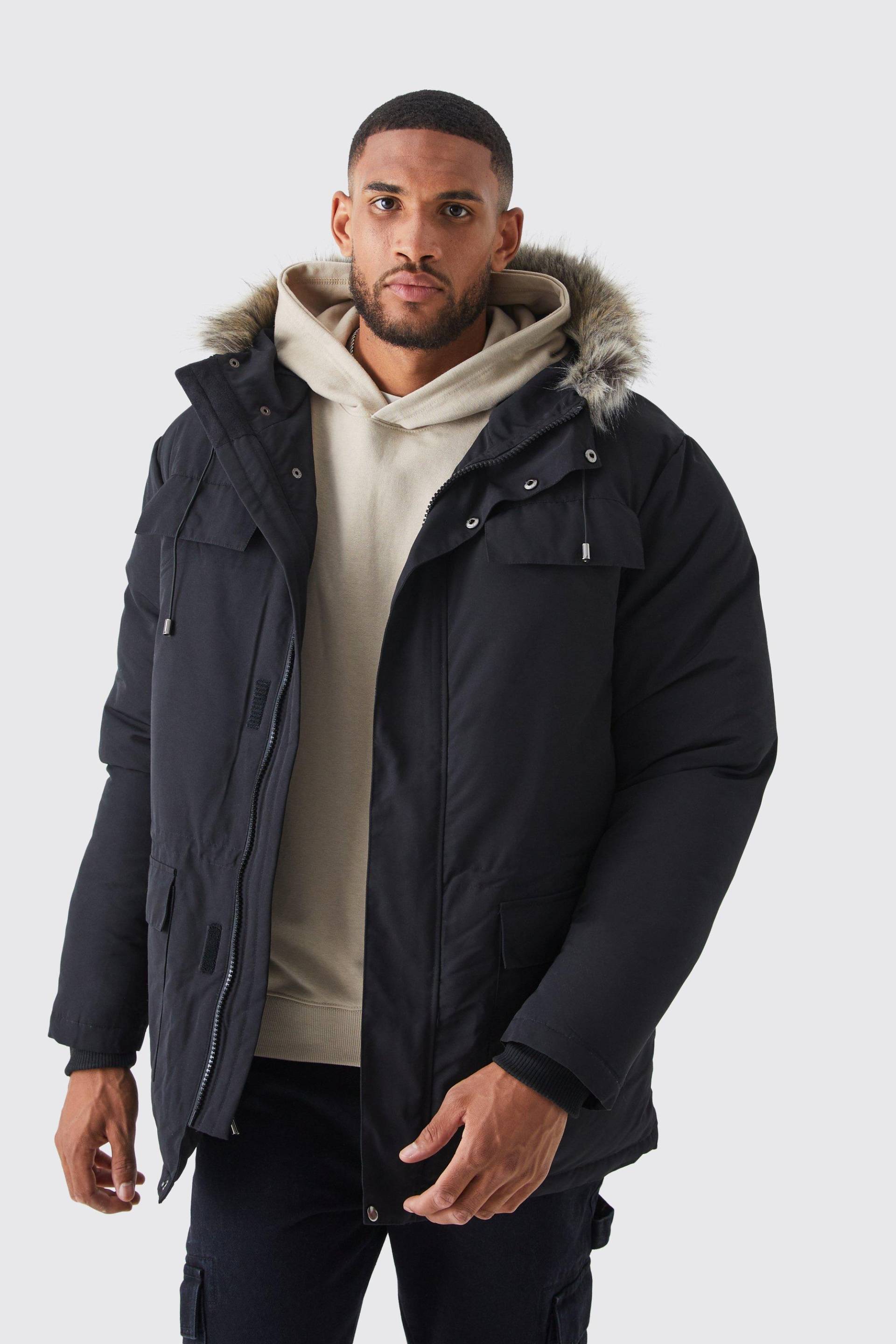 Mens Tall Parka mit Kapuze und Fell-Detail - Schwarz - M, Schwarz von boohooman