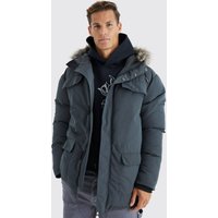 Mens Tall Parka mit Kapuze und Fell-Detail - Grau - S, Grau von boohooman