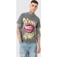 Mens Tall Pour Homme Lips T-shirt In Acid Wash - Grau - L, Grau von boohooman