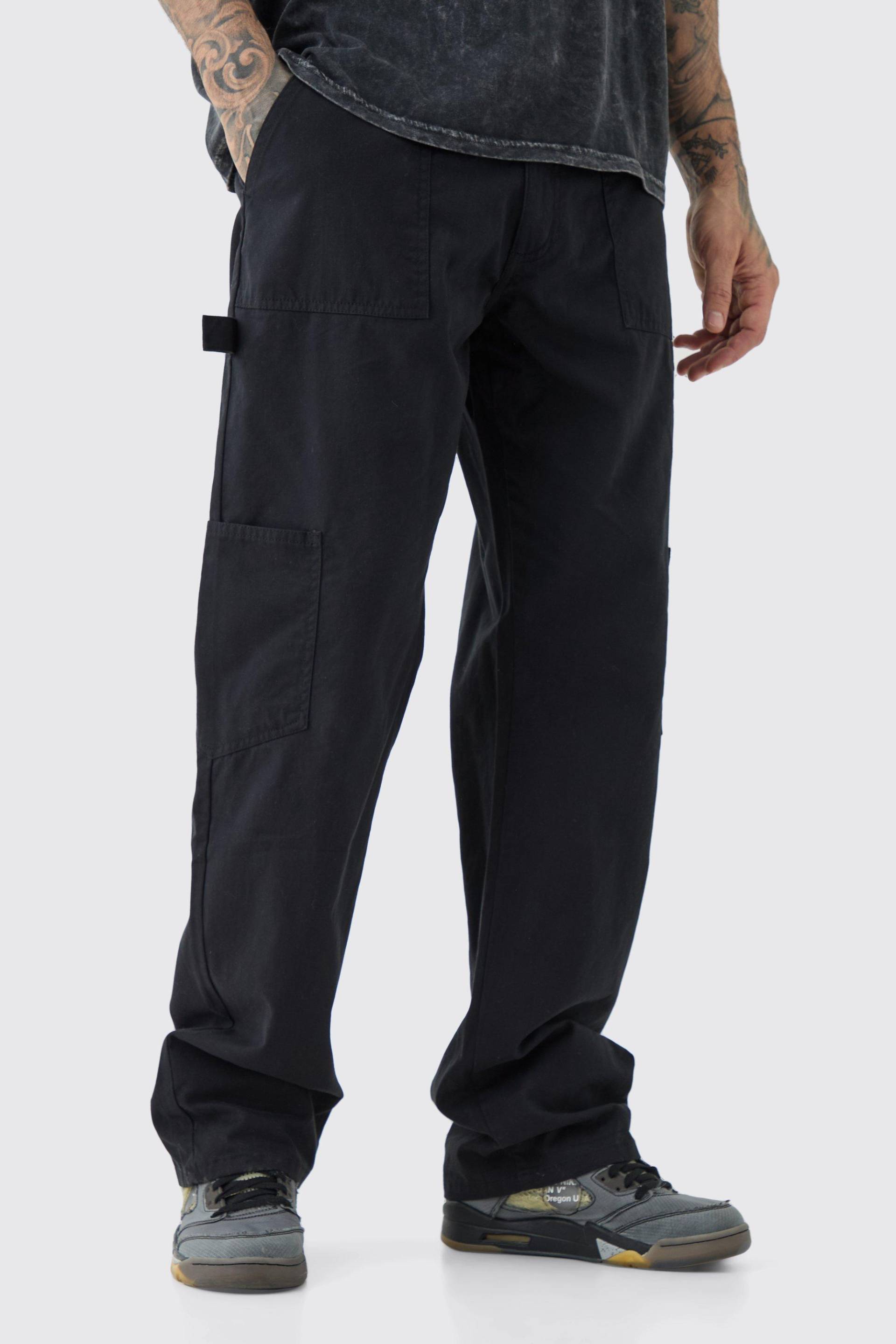 Mens Tall Relaxed Fit Washed Carpenter Cargo Trouser - Schwarz - 32, Schwarz von boohooman