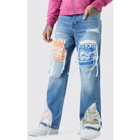 Mens Tall Relaxed Rigid Flare Rip & Repair Applique Jeans - Blau - 34, Blau von boohooman