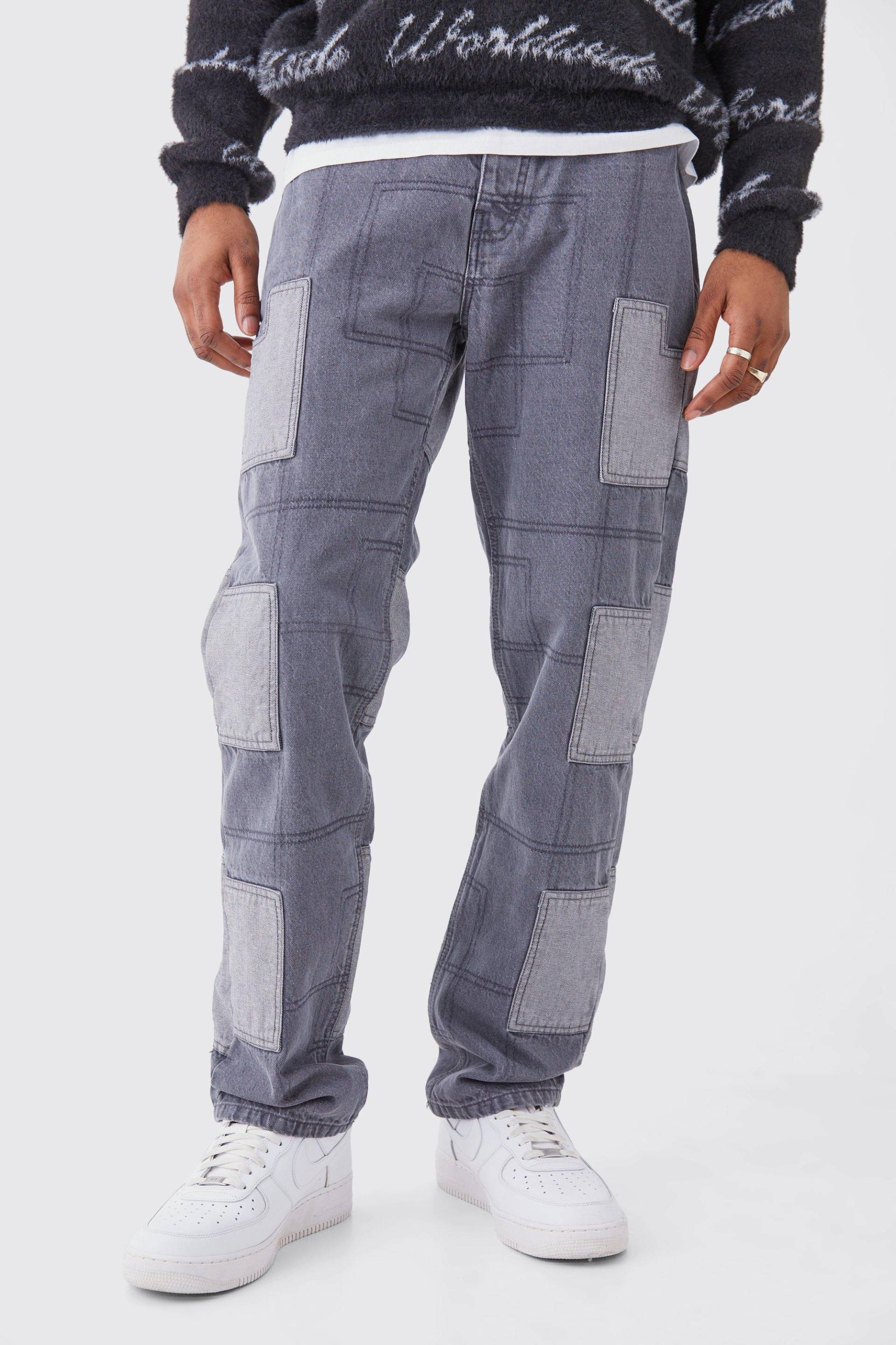 Mens Tall lockere Patchwork Jeans - Grau - 34, Grau von boohooman