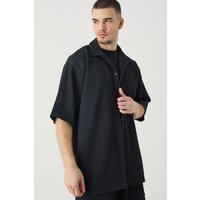 Mens Tall Short Sleeve Oversized Revere Pleated Shirt - Schwarz - XL, Schwarz von boohooman