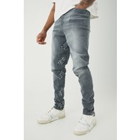 Mens Tall Skinny Stretch Overdyed Applique Gusset Jeans - Grau - 36, Grau von boohooman