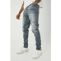 Tall Skinny Stretch Jeans mit Applikation - Grau - 40, Grau von boohooman