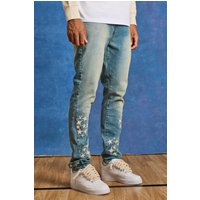 Mens Tall Slim-Fit Jeans mit PU-Applikation - Grau - 34, Grau von boohooman