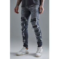 Mens Tall Super Skinny Pu Biker Rip & Repair Paint Splatter Jeans - Grau - 36, Grau von boohooman