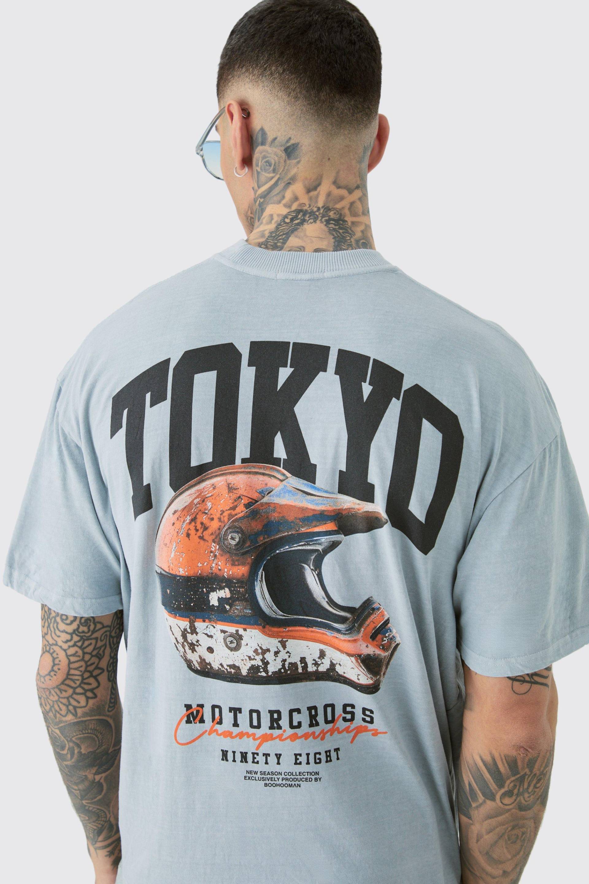 Mens Tall Tokyo Moto Overdye Graphic Oversized T-shirt - Grau - L, Grau von boohooman